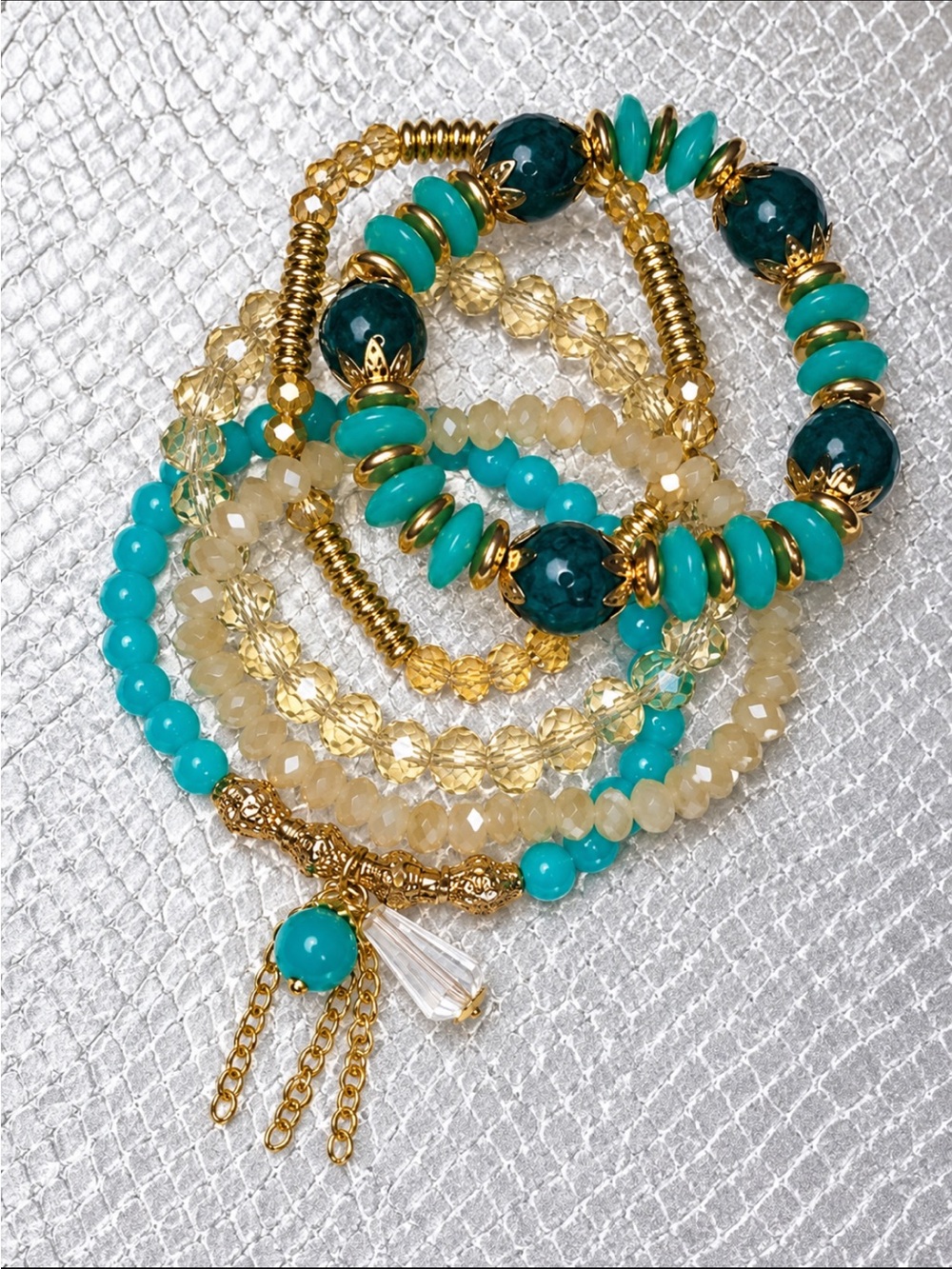 FRIENDSHIP BRACELETS 5 Strands Tan Crystal and Aqua Stone Stretchy TAYLOR SWIFT